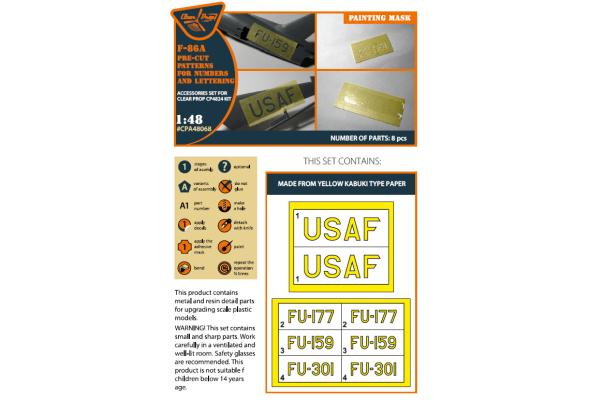 Shop 1/48 F-86A pre-cut patterns for numbers and letteringpainting mask on "yellow kabuki paper" for CP4824 kit Scale Plastic Models and Accessories. Resin Parts. Clear Prop Models Online Store