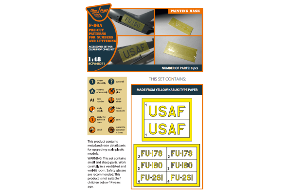 Shop 1/48 F-86A pre-cut patterns for numbers and lettering painting mask on "yellow kabuki paper" for CP4825 kit Scale Plastic Models and Accessories. Resin Parts. Clear Prop Models Online Store