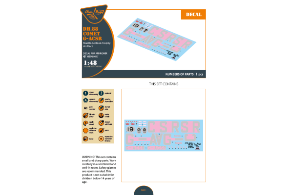 Shop 1/48 DH.88 Comet G-ACSR MacRobertson Trophy Air Race Decal for Mikromir kit Scale Plastic Models and Accessories. Resin Parts. Clear Prop Models Online Store