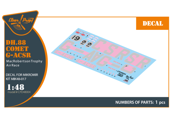Shop 1/48 DH.88 Comet G-ACSR MacRobertson Trophy Air Race Decal for Mikromir kit Scale Plastic Models and Accessories. Resin Parts. Clear Prop Models Online Store